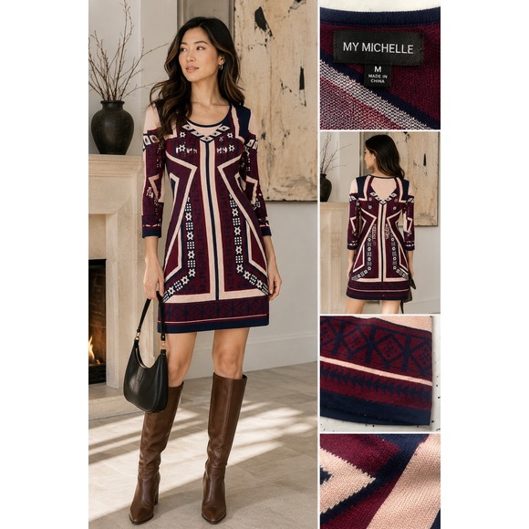 Alya Dresses & Skirts - Alya Womens Geometric Intarsia Knit Long Sleeve Sweater Dress Burgundy Navy S